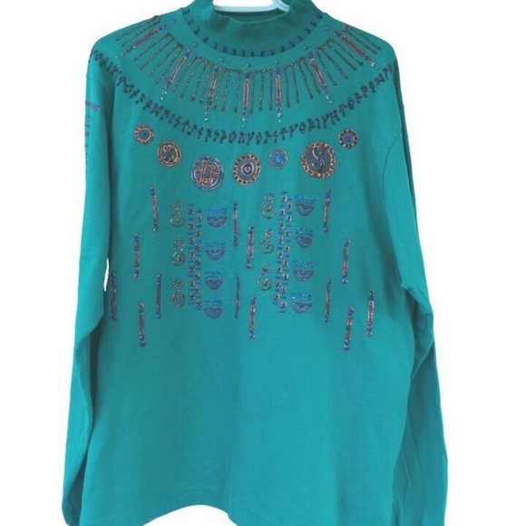 Vintage 90's Hand Painted Glitter Puff Paint Turquoise Mock Neck Longsleeve T - Picture 4 of 6